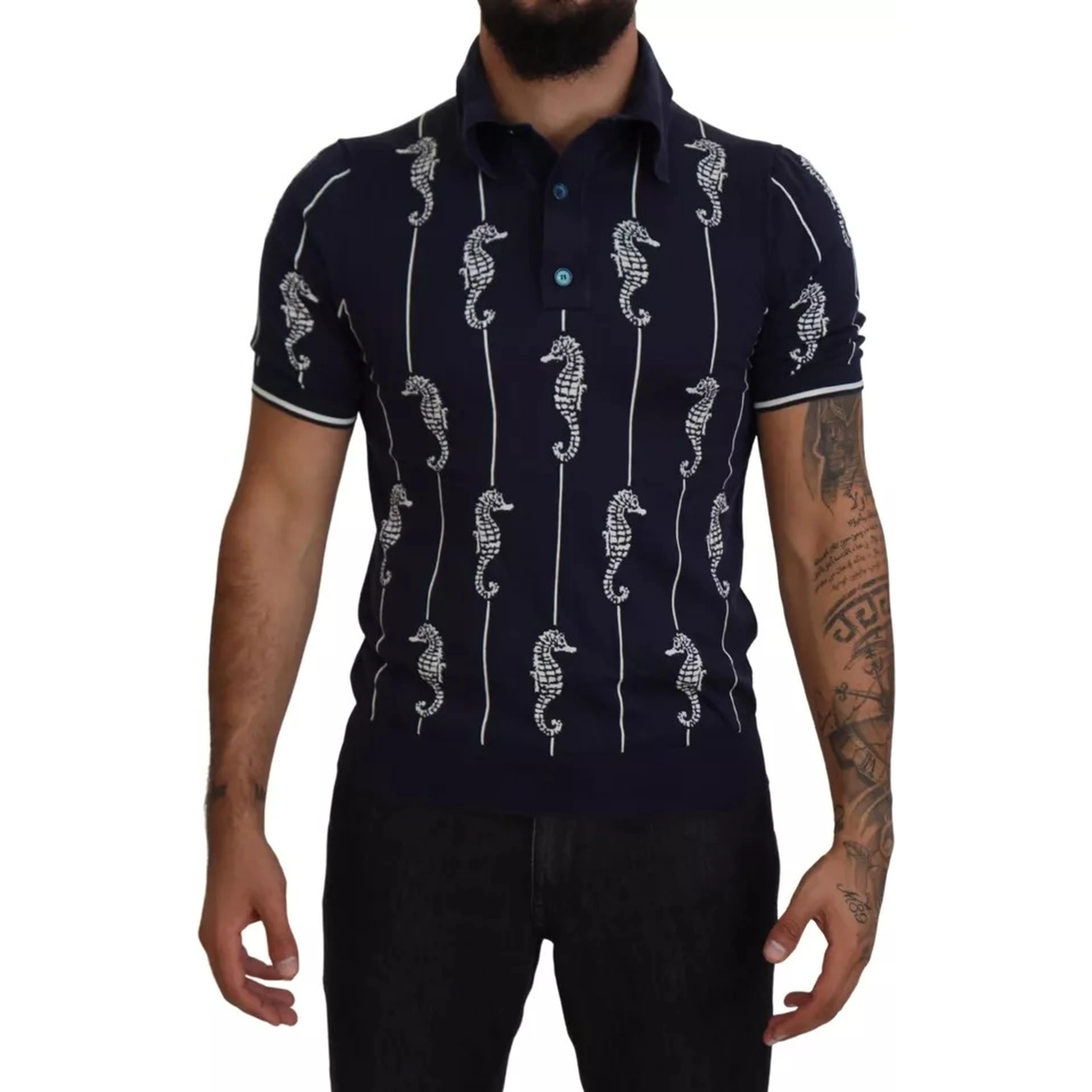 Dark Blue Sea Horse Collared Polo T-shirt