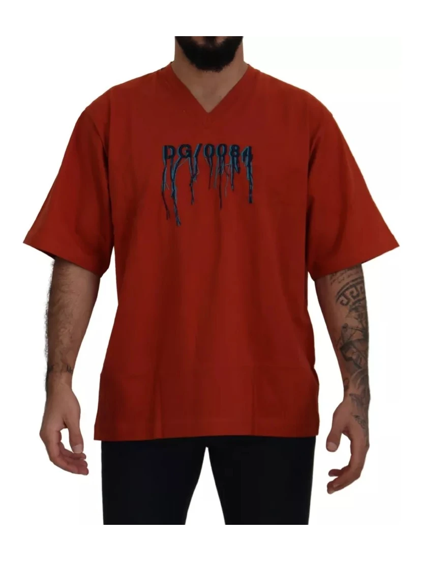 Red Logo Embroidery Crewneck Cotton T-shirt