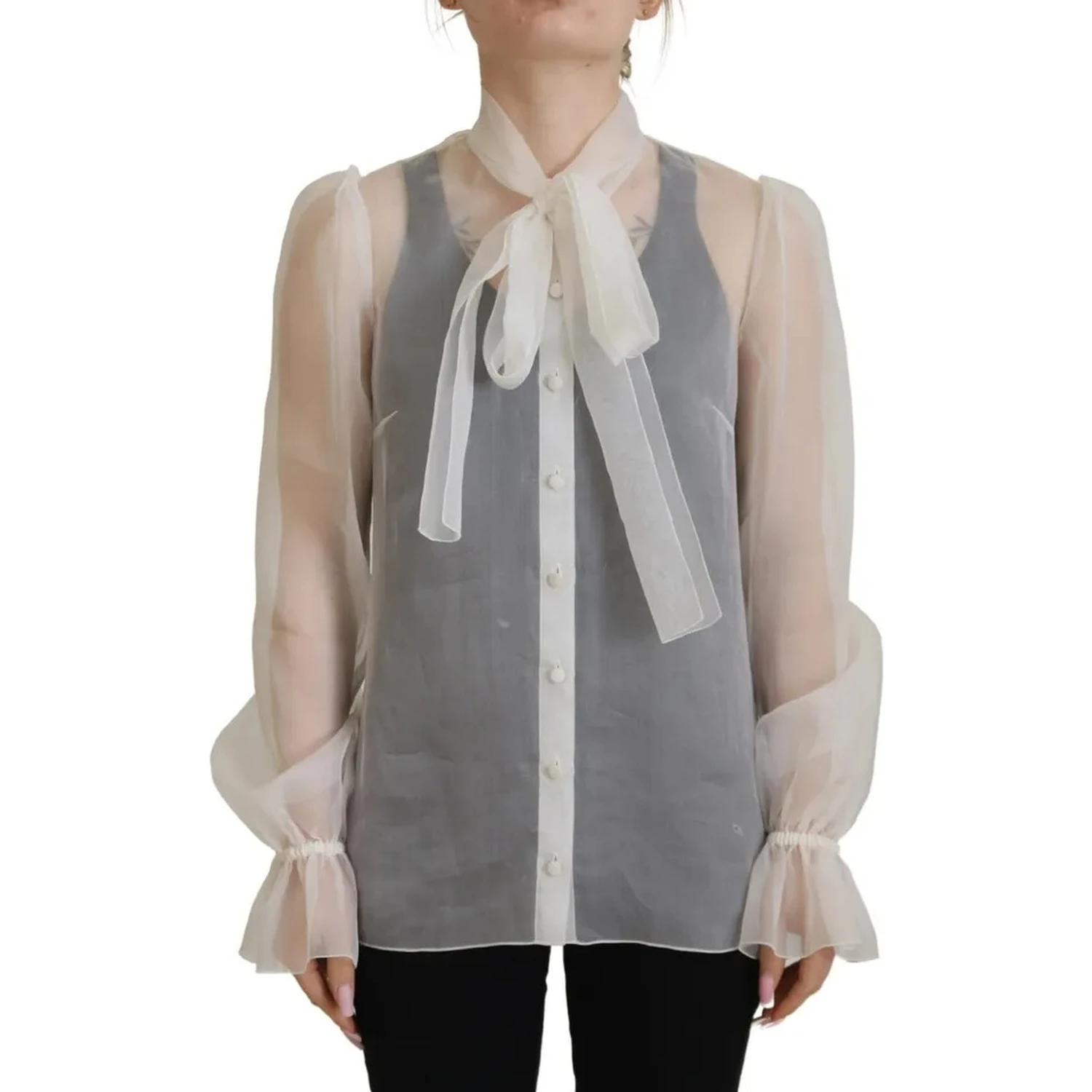 White Ascot Collar Long Sleeves Blouse Top