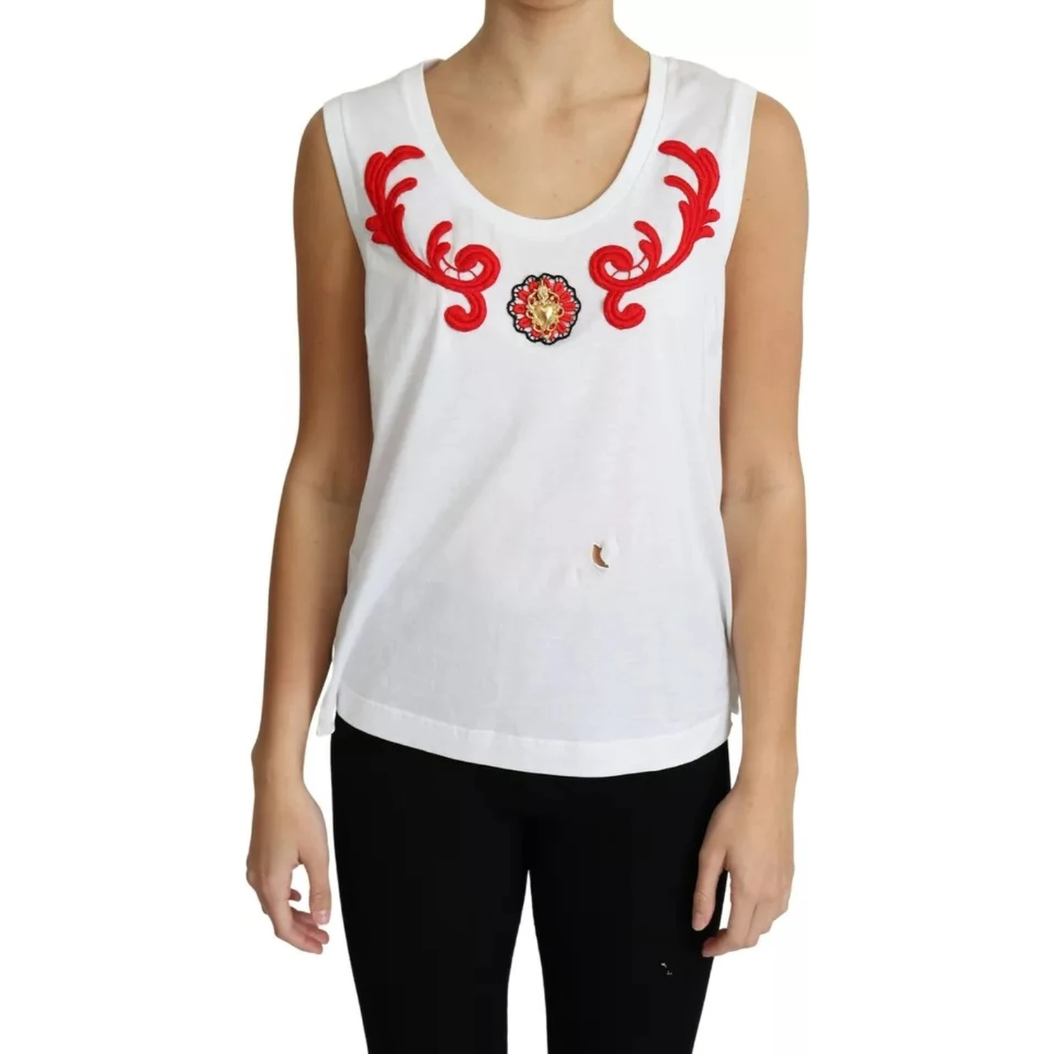 White Cotton Heart Applique Sleeveless Tank Top