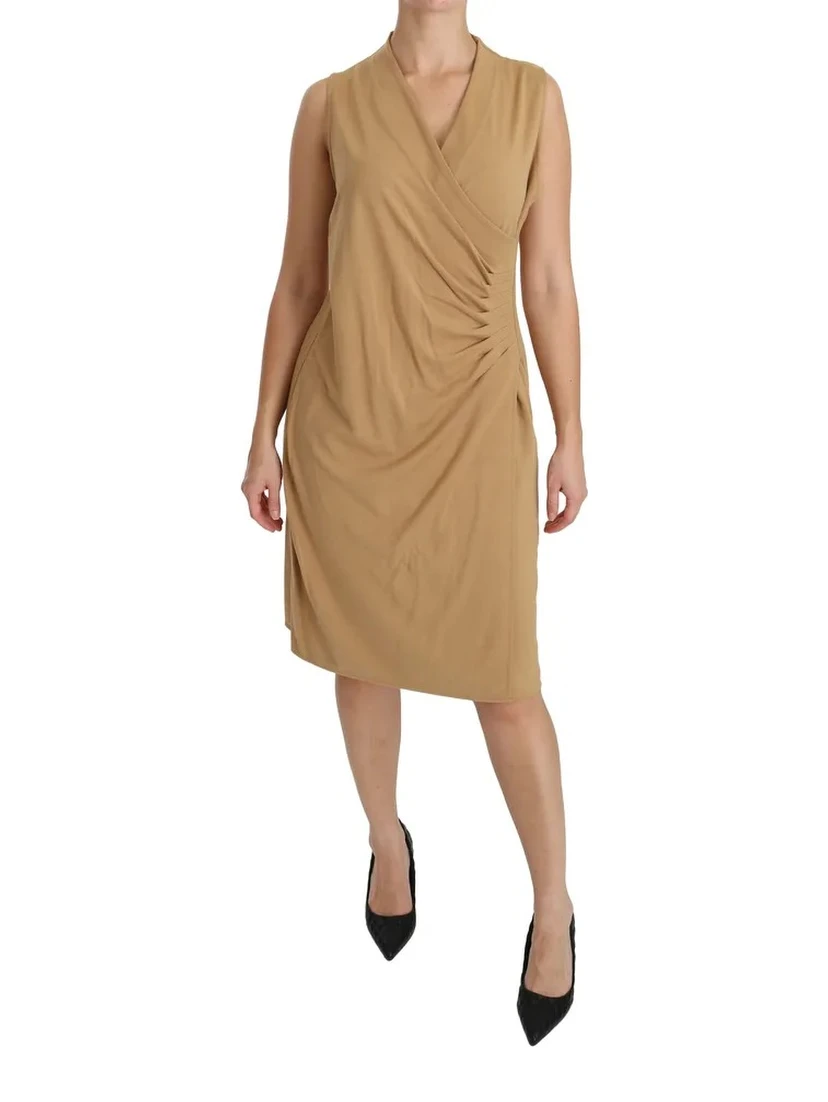 Brown V-neck Shift Knee Length Viscose Dress