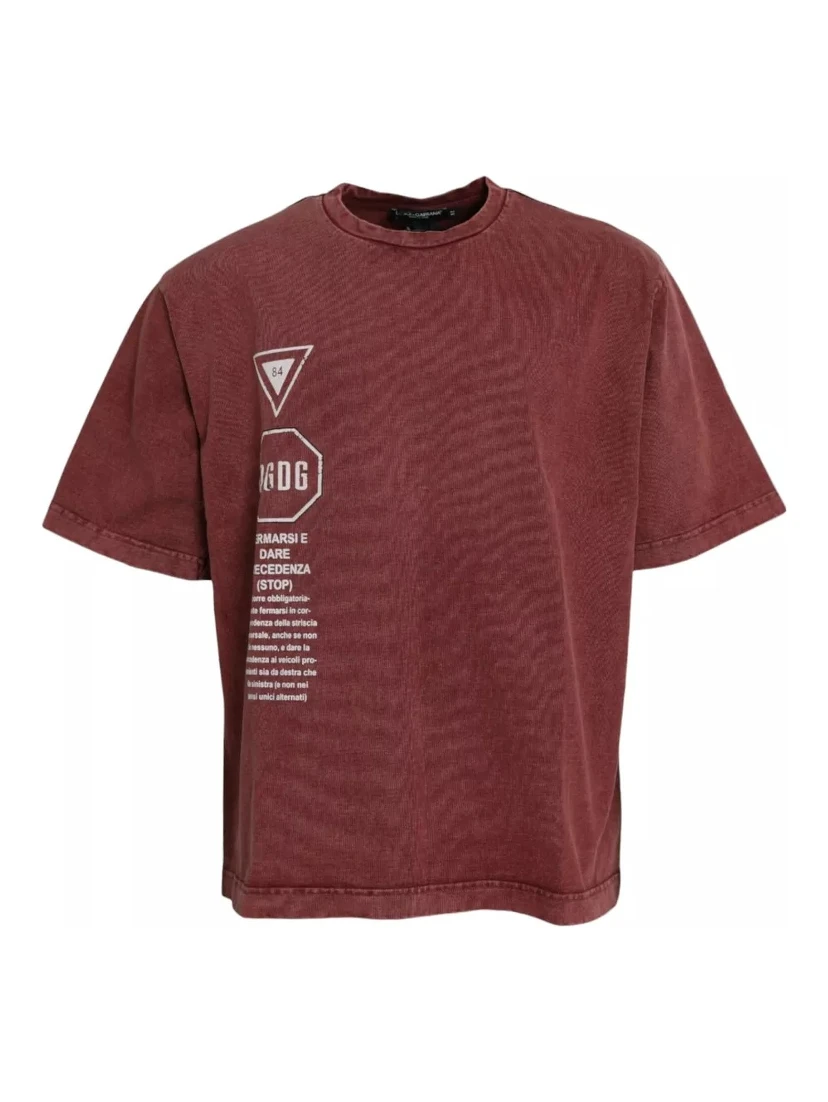 Maroon Print Round Neck Short Sleeves T-shirt