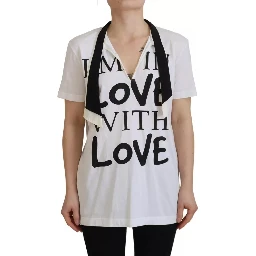 White Cotton Printed Ascot Collared T-shirt