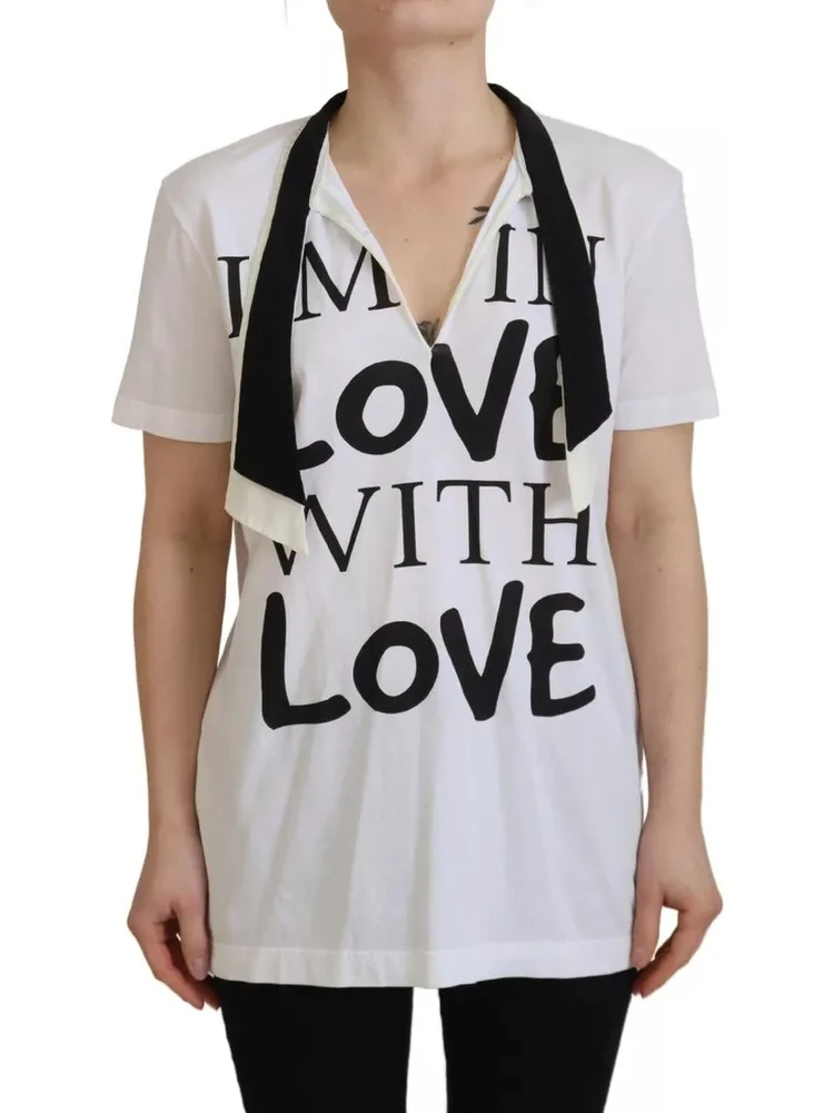 White Cotton Printed Ascot Collared T-shirt