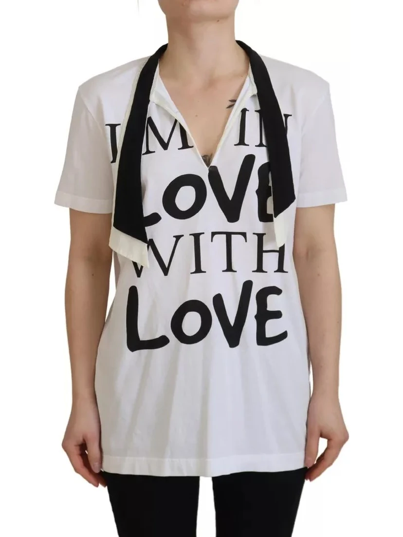 White Cotton Printed Ascot Collared T-shirt