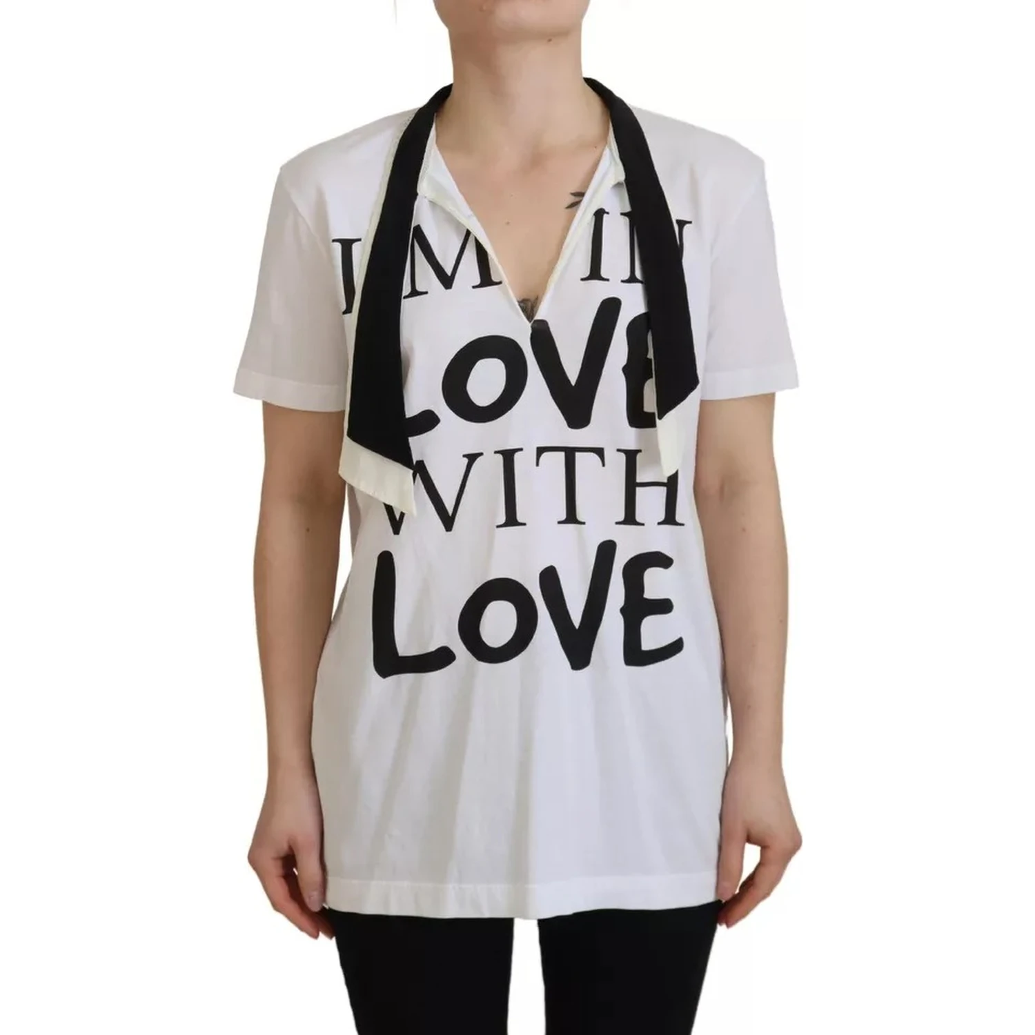 White Cotton Printed Ascot Collared T-shirt