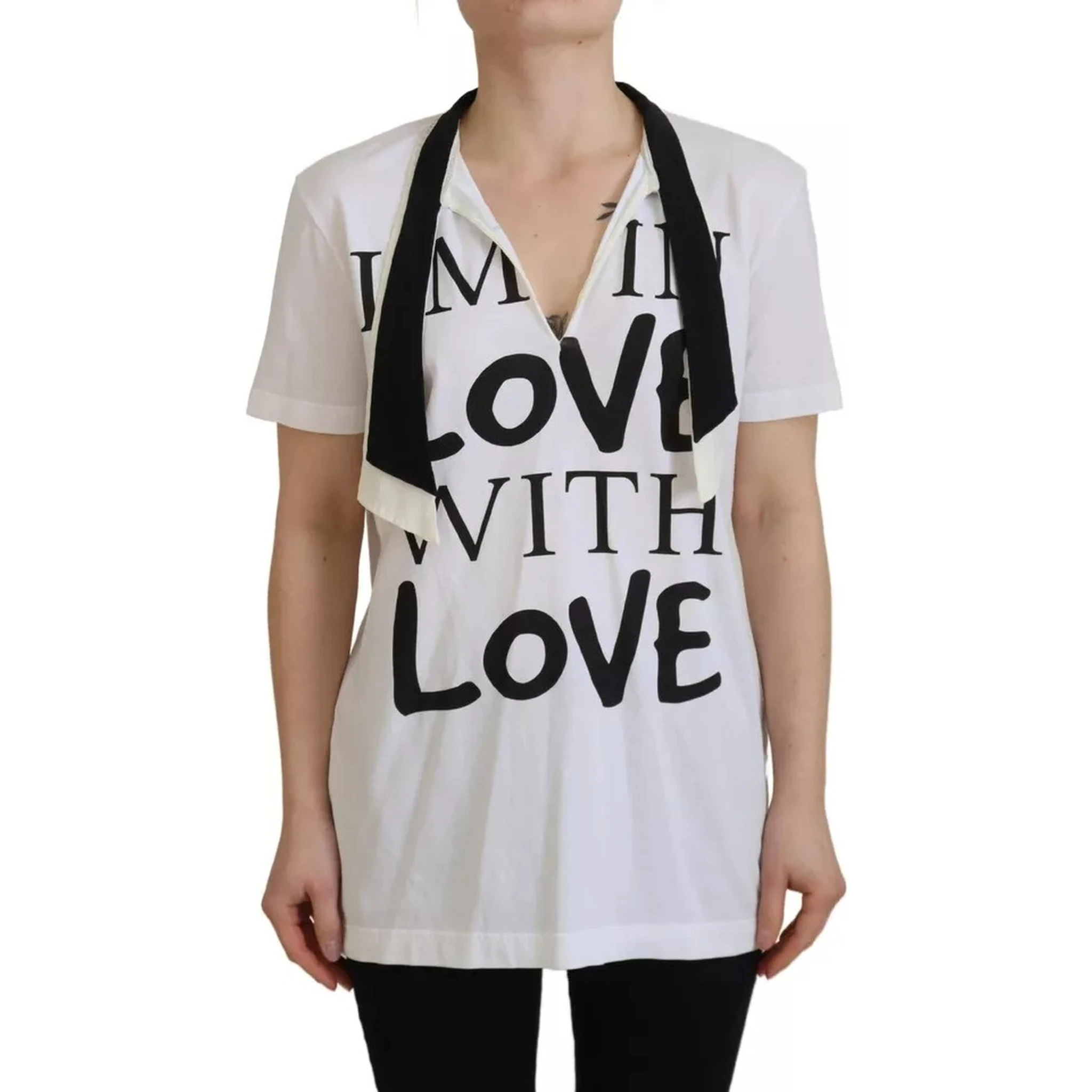 White Cotton Printed Ascot Collared T-shirt