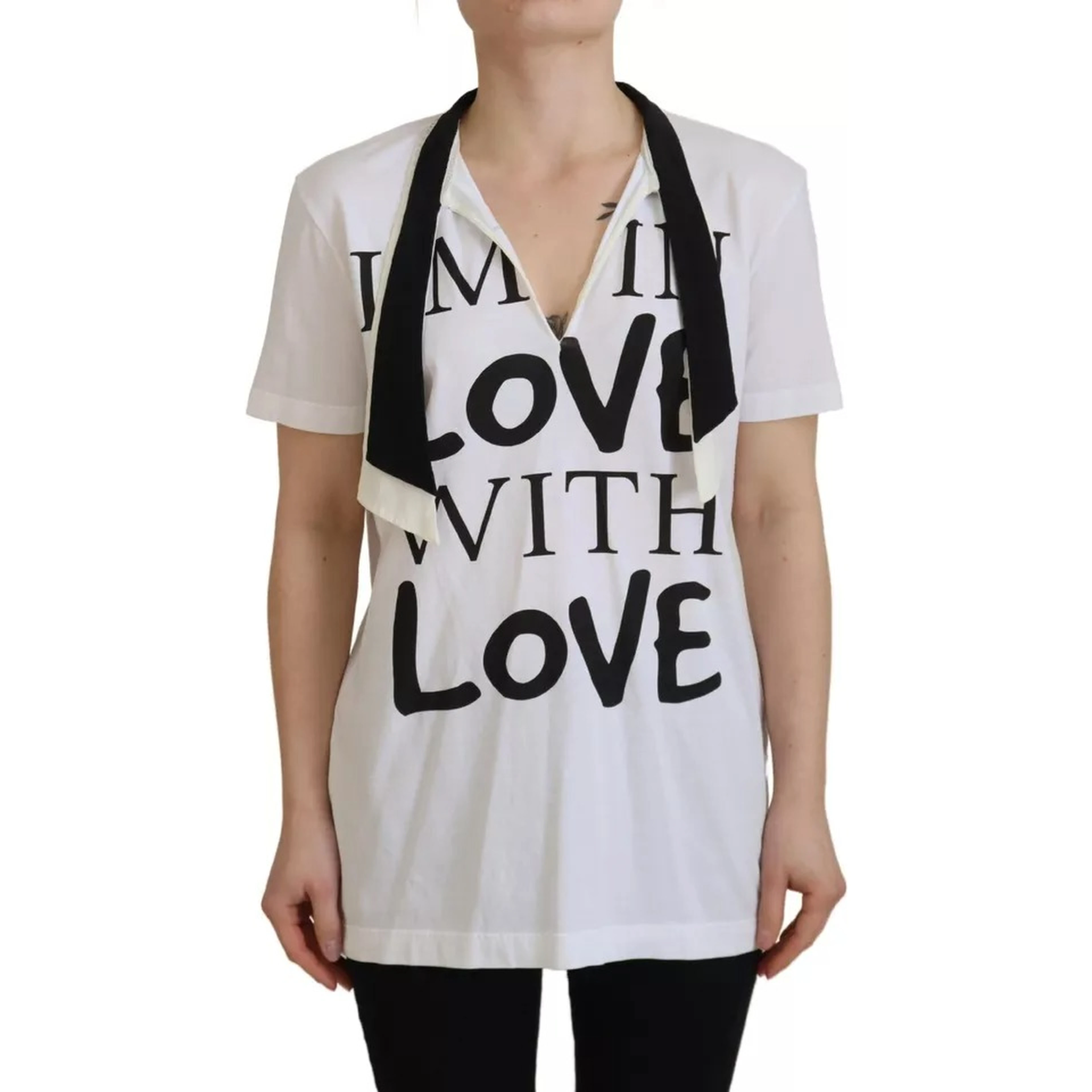 White Cotton Printed Ascot Collared T-shirt