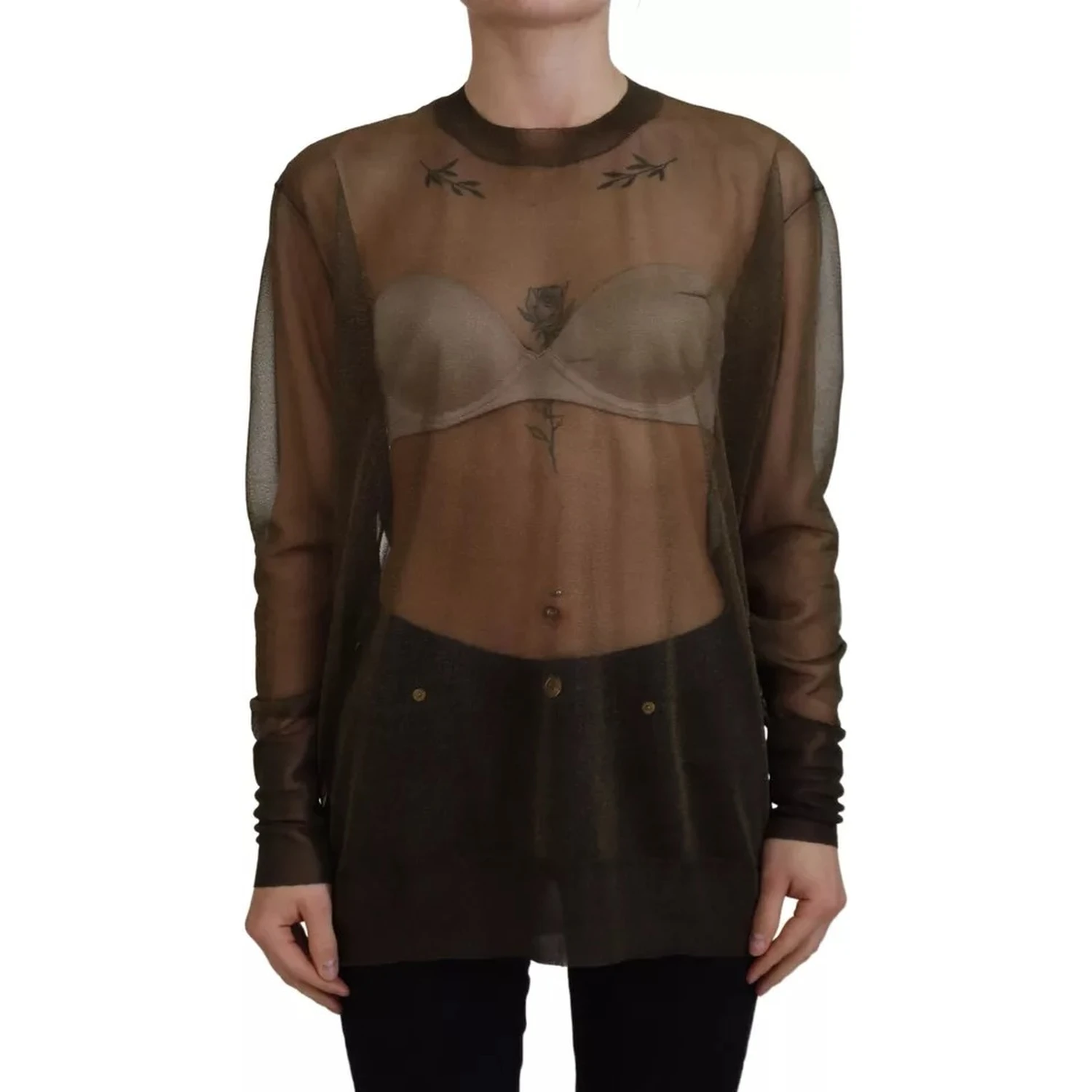 Black Transparent Crewneck Long Sleeves Top