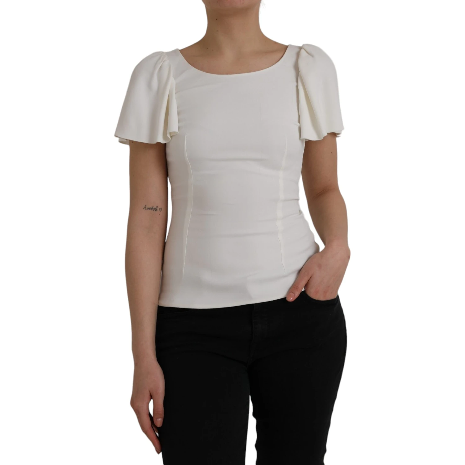 White Viscose Round Neck Short Sleeves Top