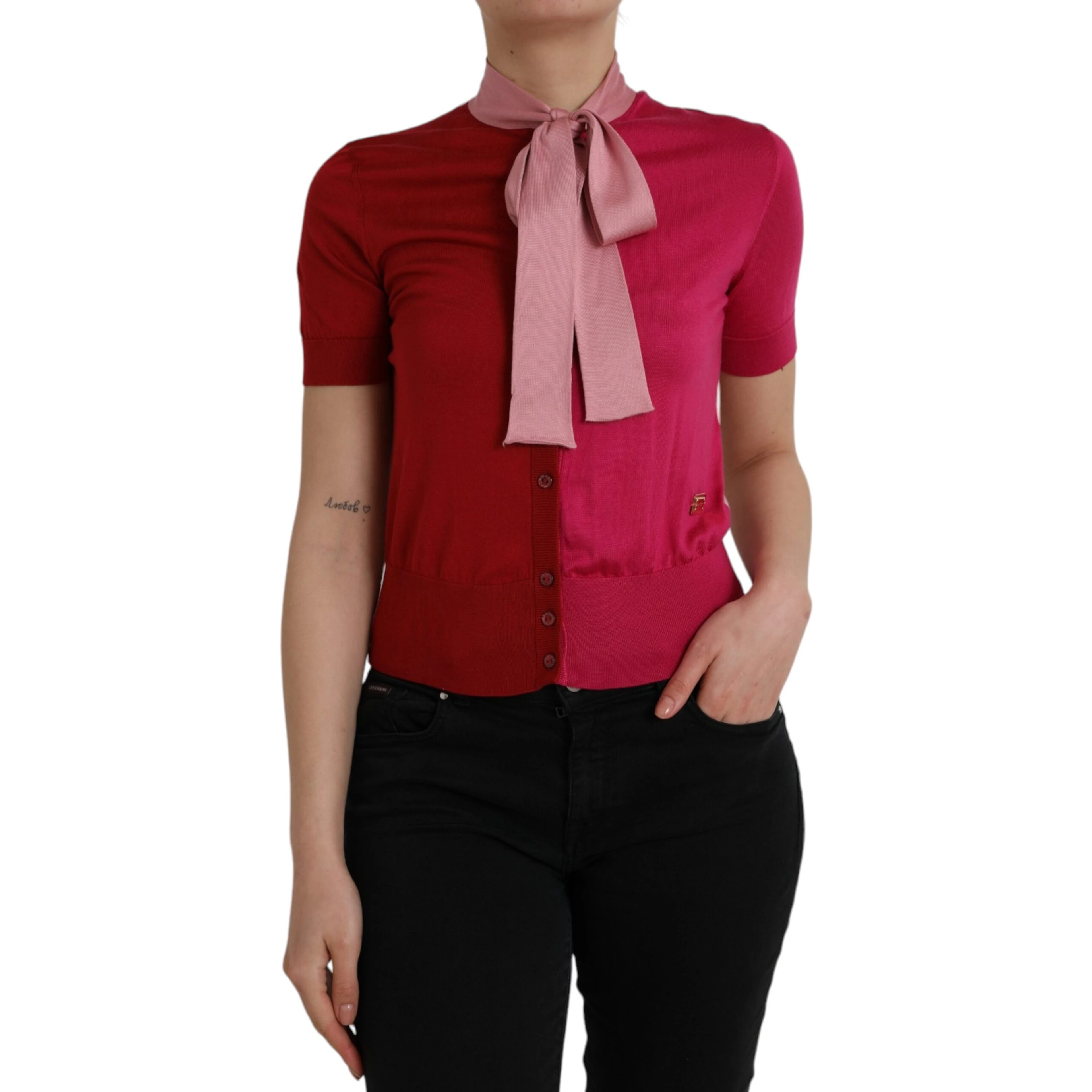 Pink Short Sleeves Pullover Ascot Collar Top