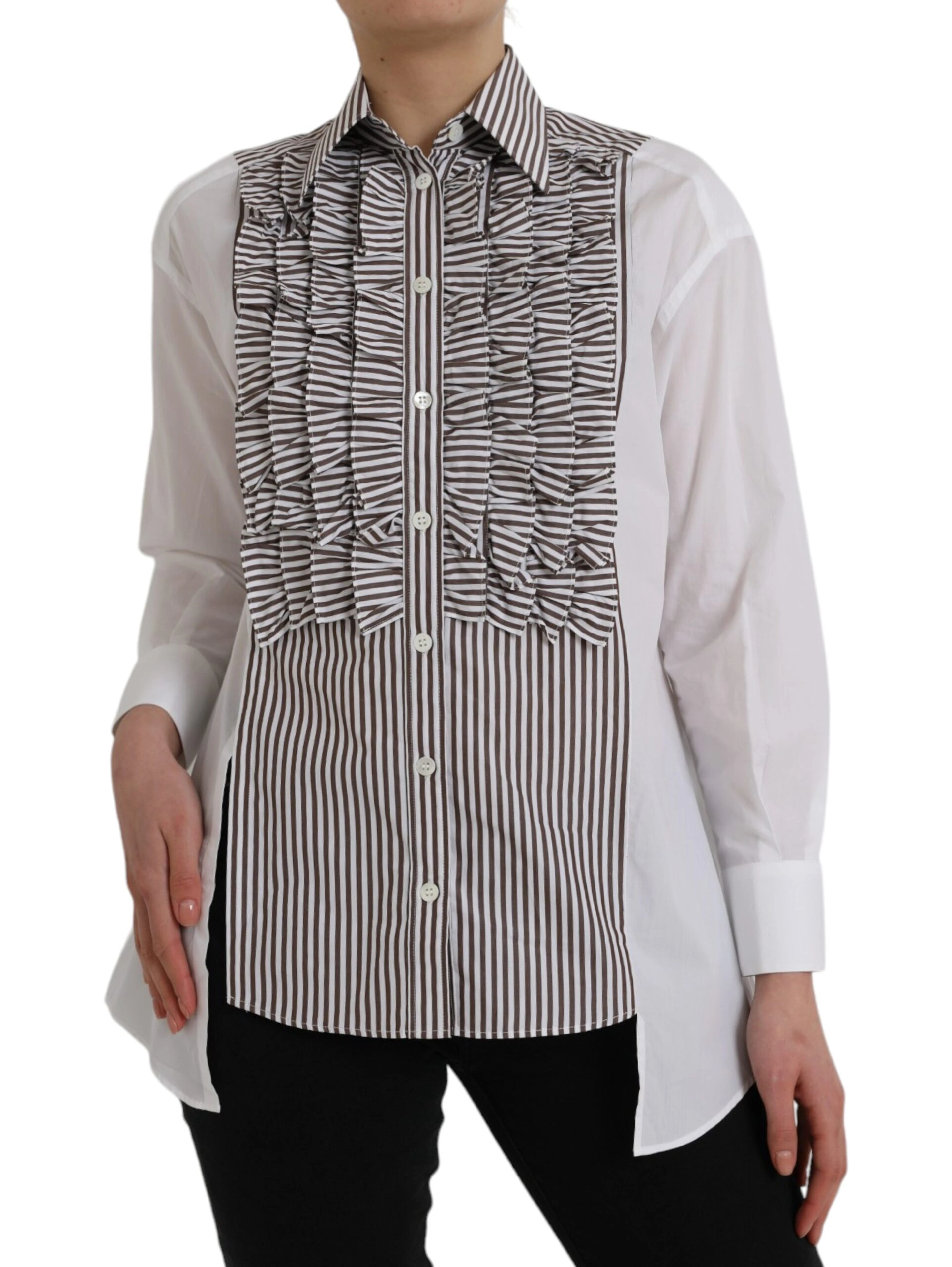 White Stripes Cotton Long Sleeves Ruffle Collar Top