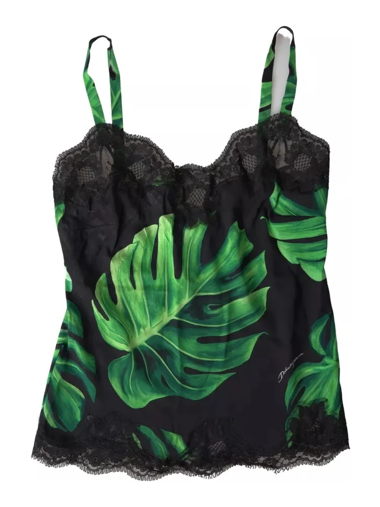 Black Philodendron Print Silk Camisole Underwear