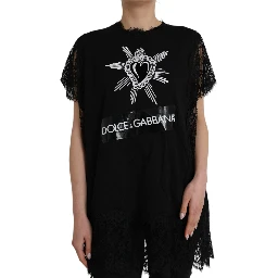 Black Sacred Heart Print Cotton Lace T-shirt