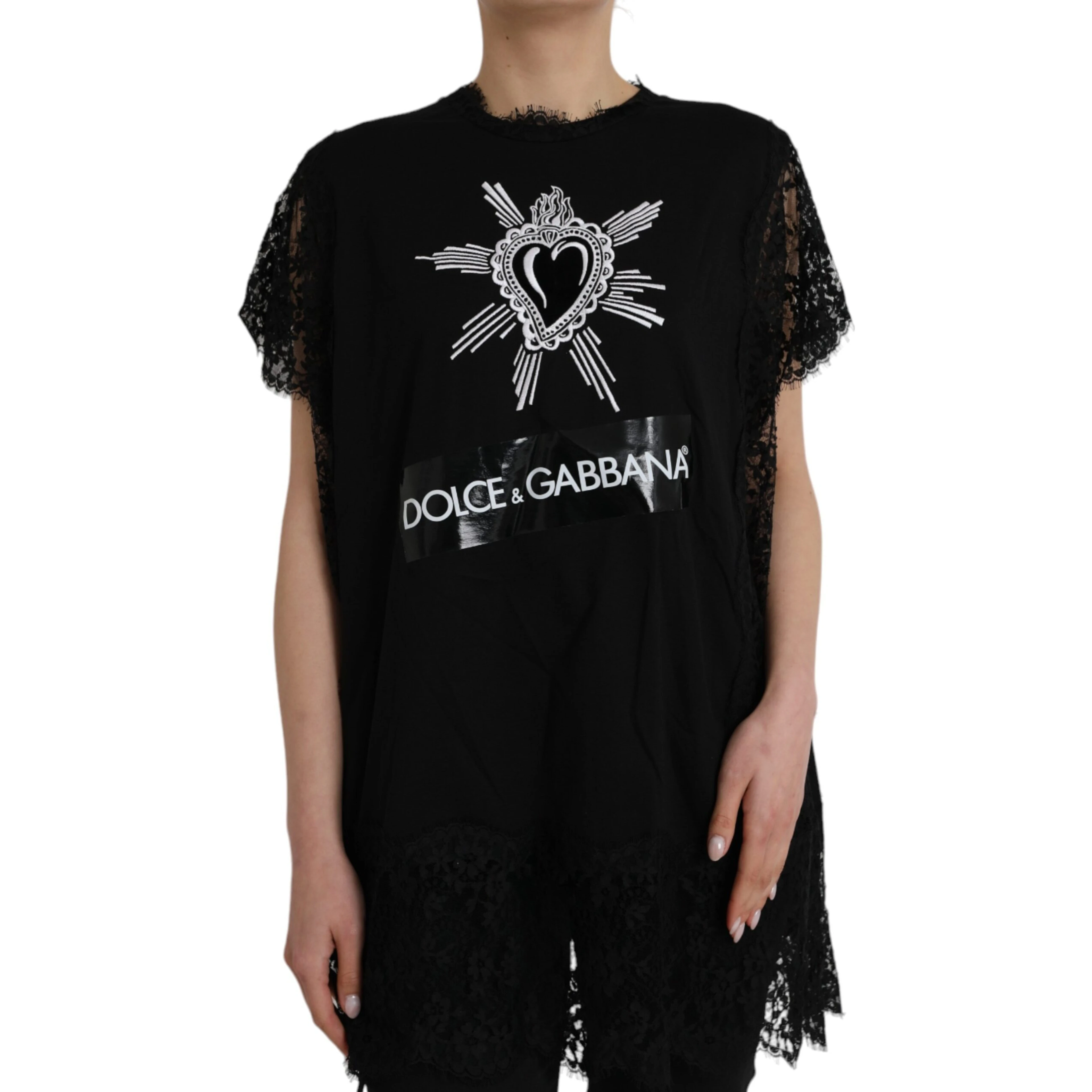 Black Sacred Heart Print Cotton Lace T-shirt