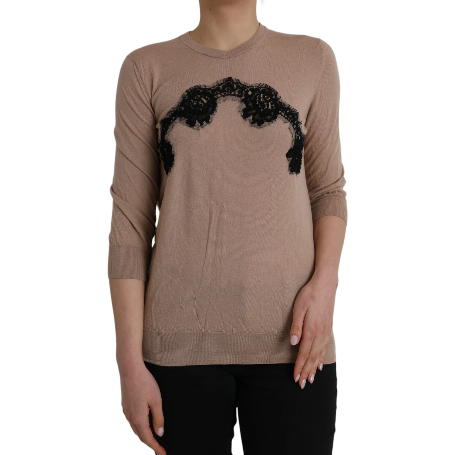 Brown Wool Black Lace 3/4 Sleeve Blouse Top