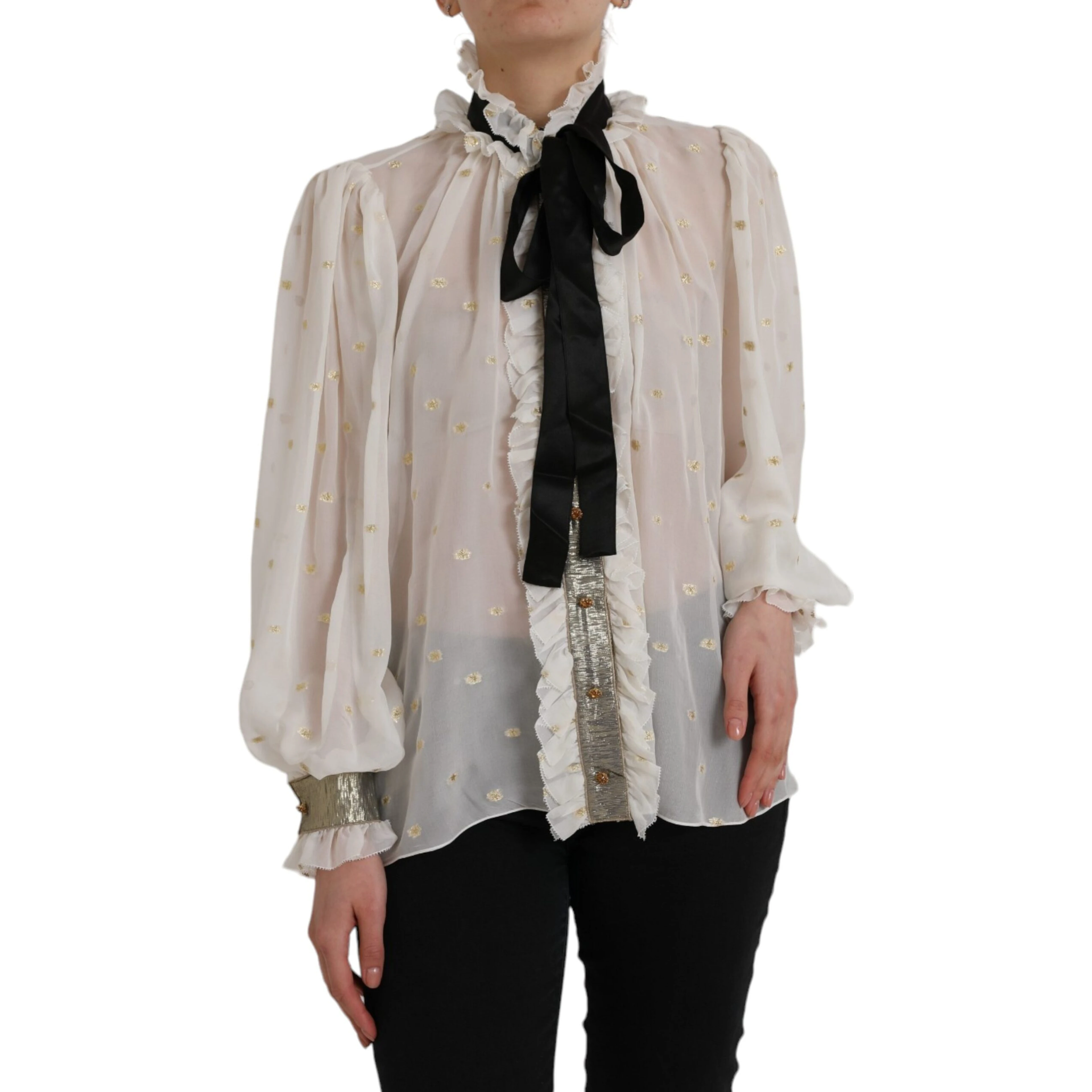 Off White Silk Blend Ascot Collar Blouse Top