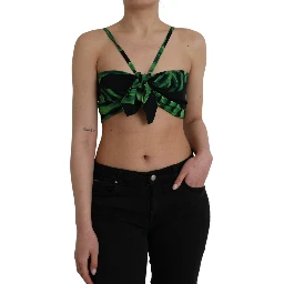 Black Green Leaf Silk Halter Cropped Top
