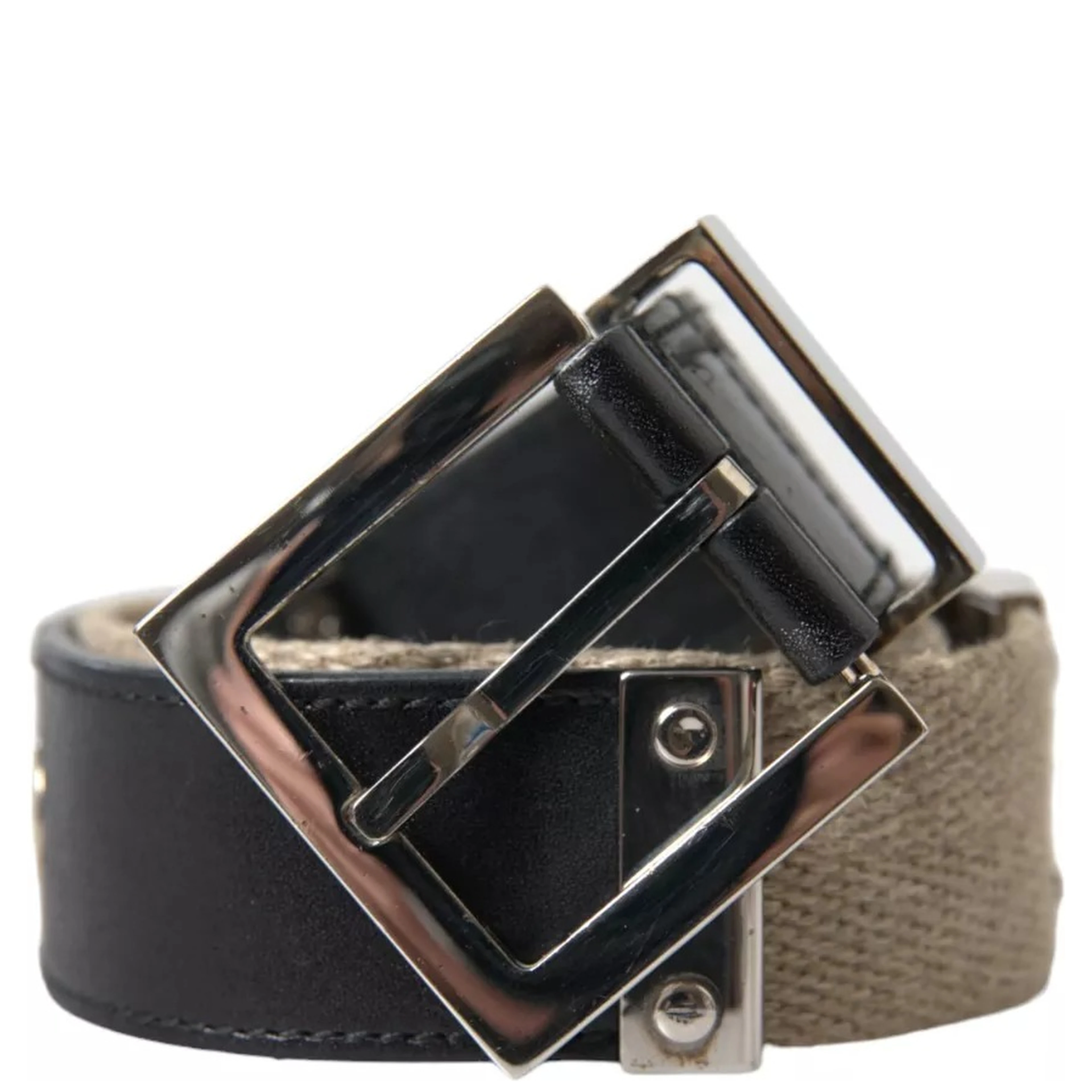 Black Leather Beige Strap Silver Metal Buckle Belt