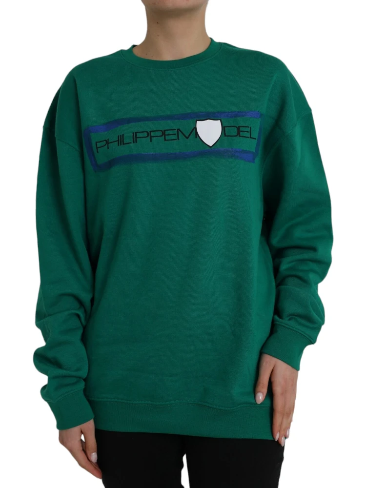 Green Cotton Logo Print Long Sleeves Pullover Sweater