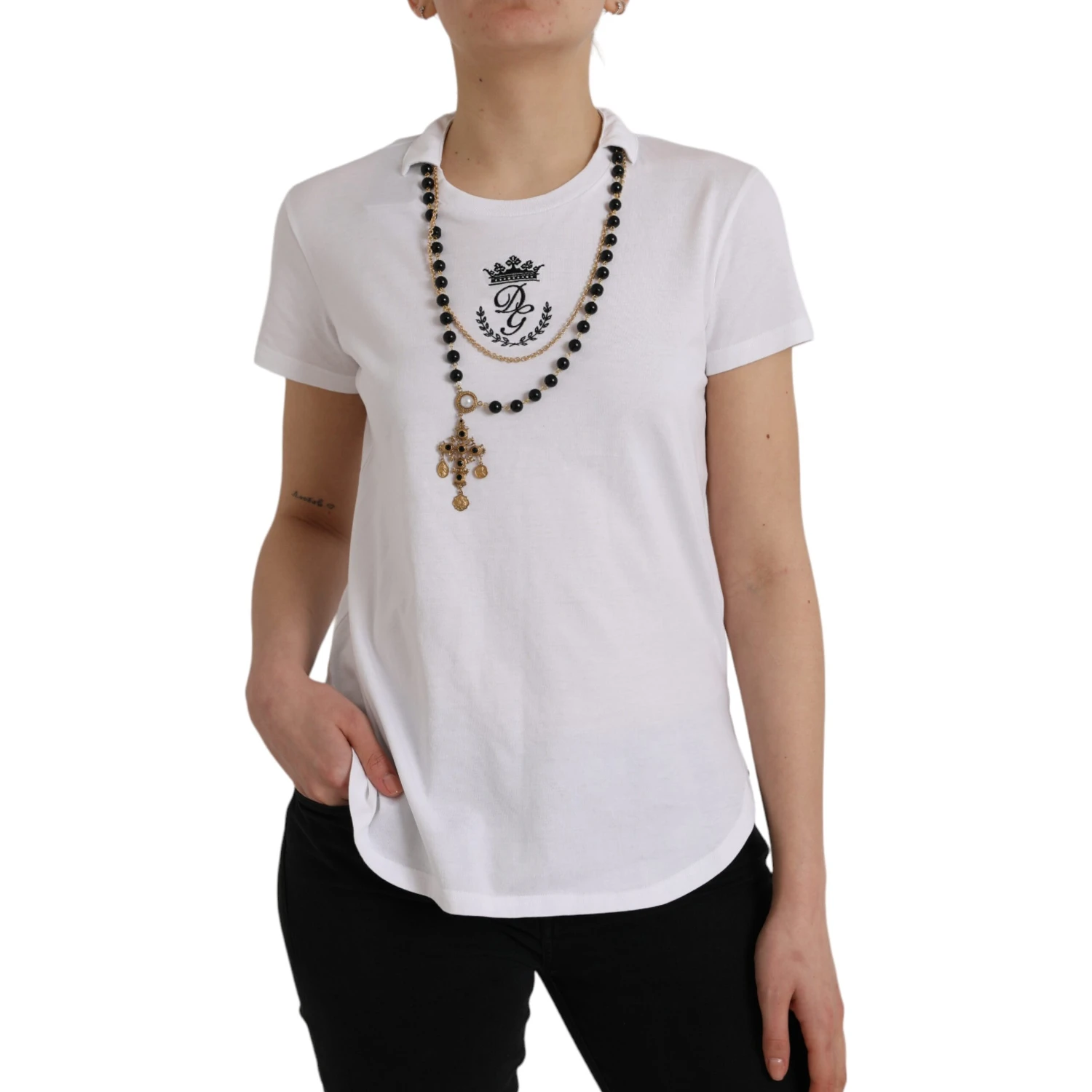 White Cotton Necklace Short Sleeves T-shirt