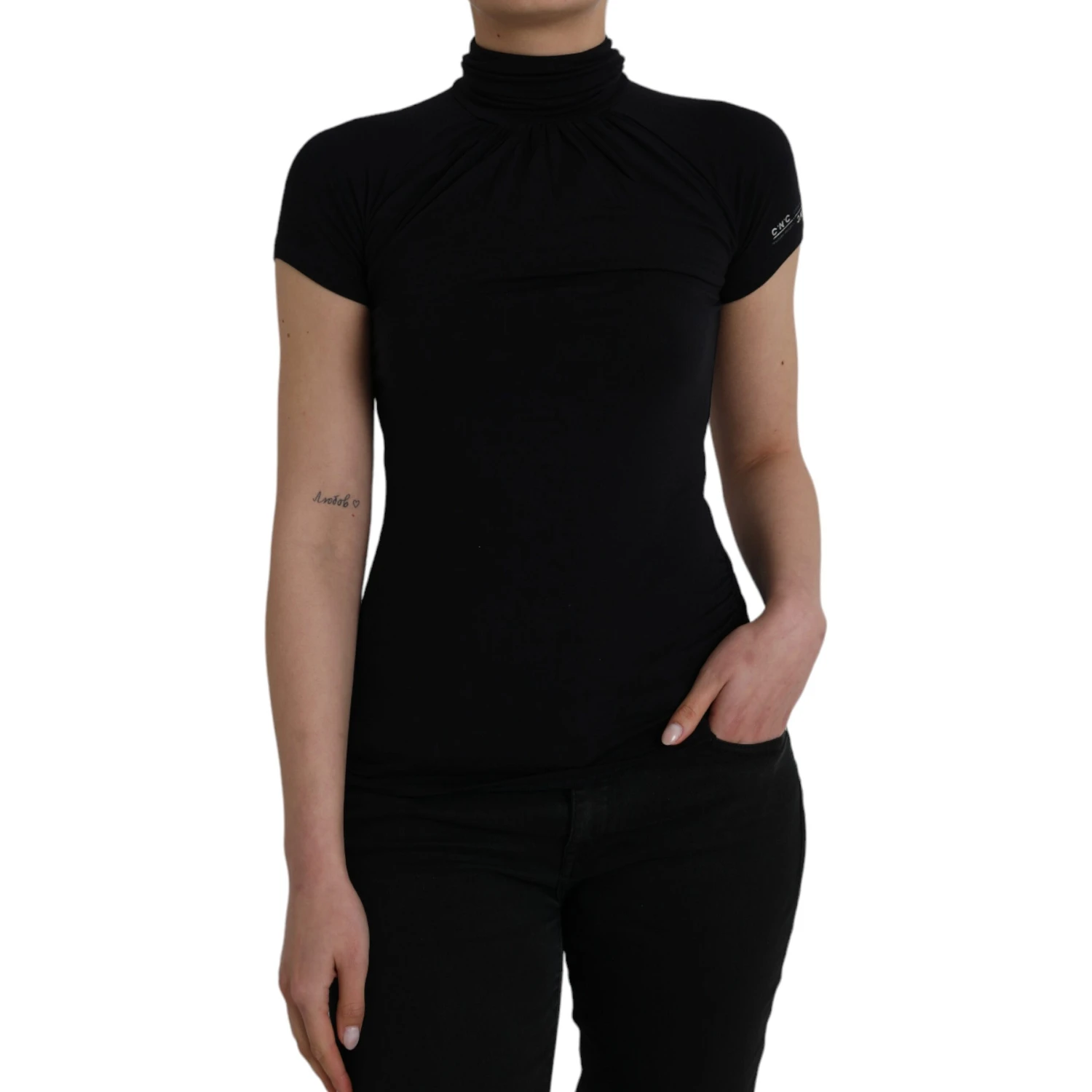 Black Turtleneck Viscose Short Sleeve Top