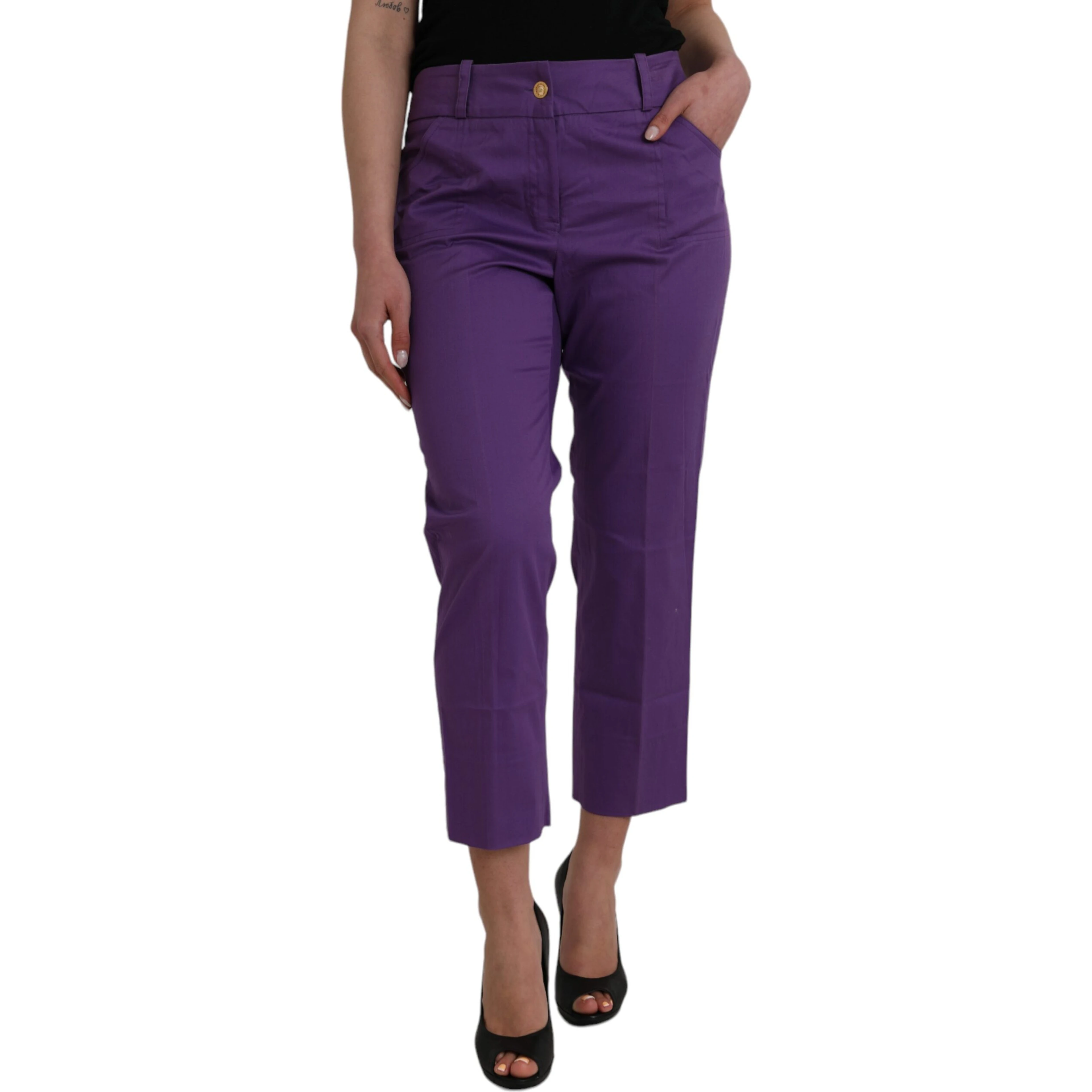 Purple Cotton MidWaist Straight Cropped Pants