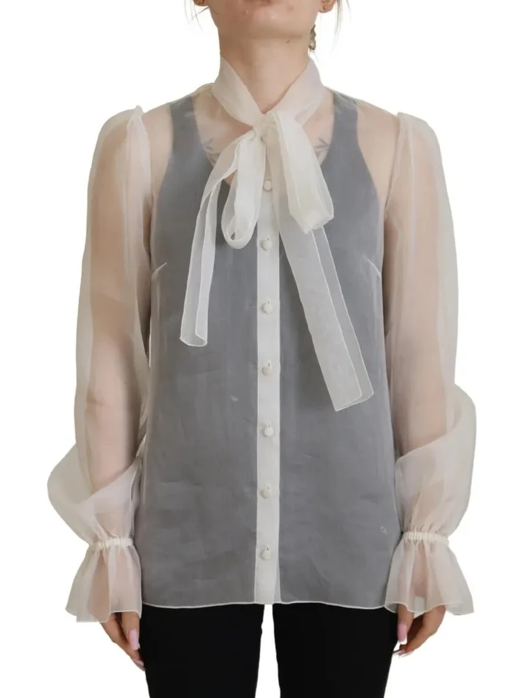 White Ascot Collar Long Sleeves Blouse Top alternative