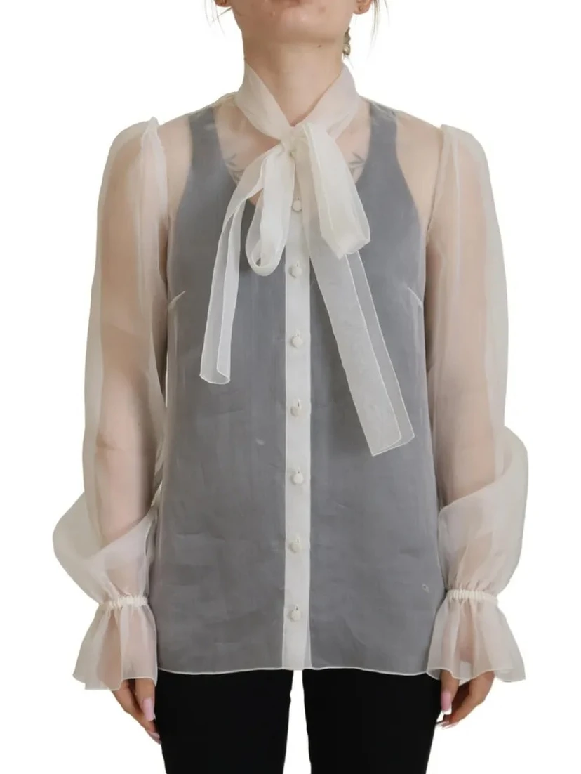 White Ascot Collar Long Sleeves Blouse Top