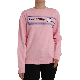 Pink Cotton Logo Print Long Sleeves Pullover Sweater