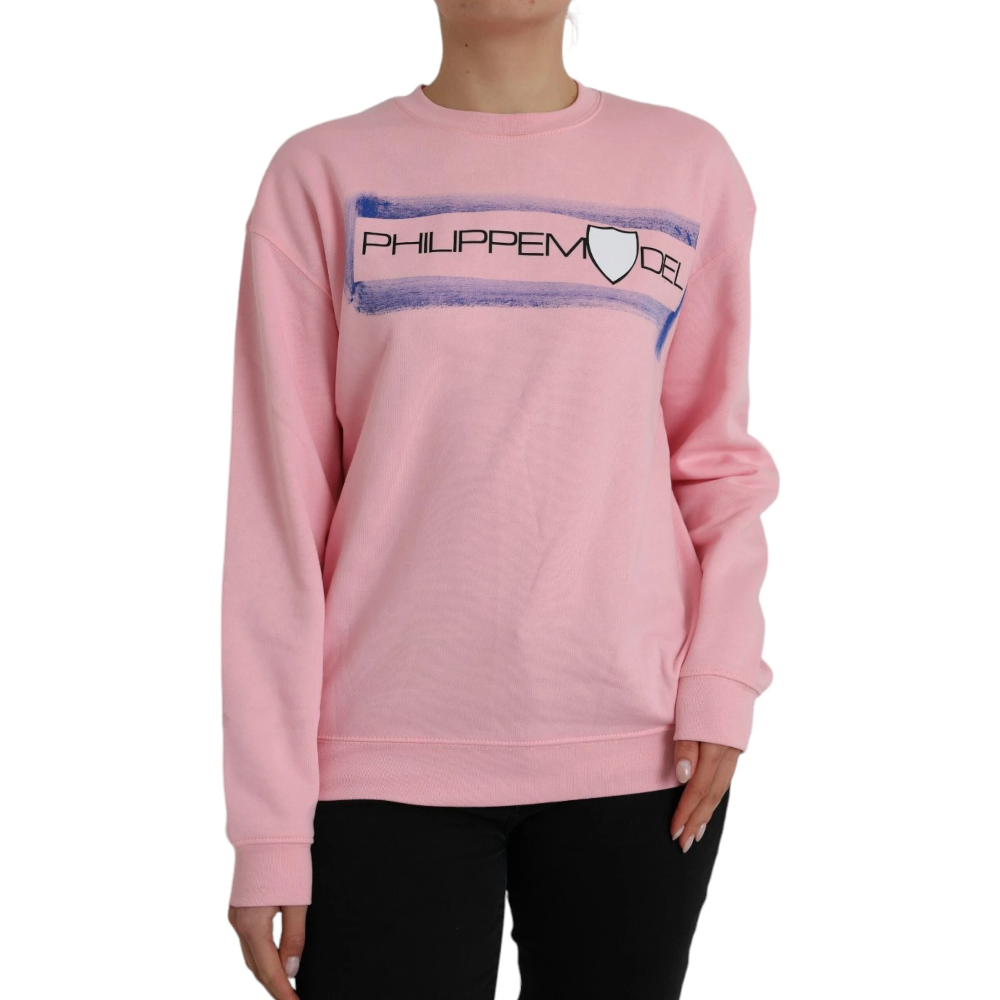 Pink Cotton Logo Print Long Sleeves Pullover Sweater