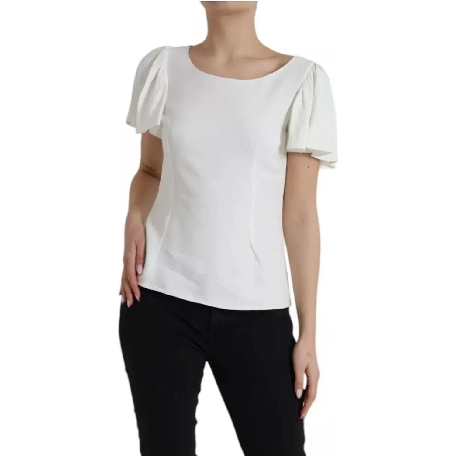 White Viscose Round Neck Short Sleeves Top