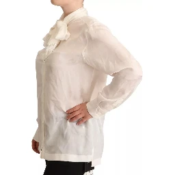 White Blouse Ascot Collar Shirt Silk Button Top