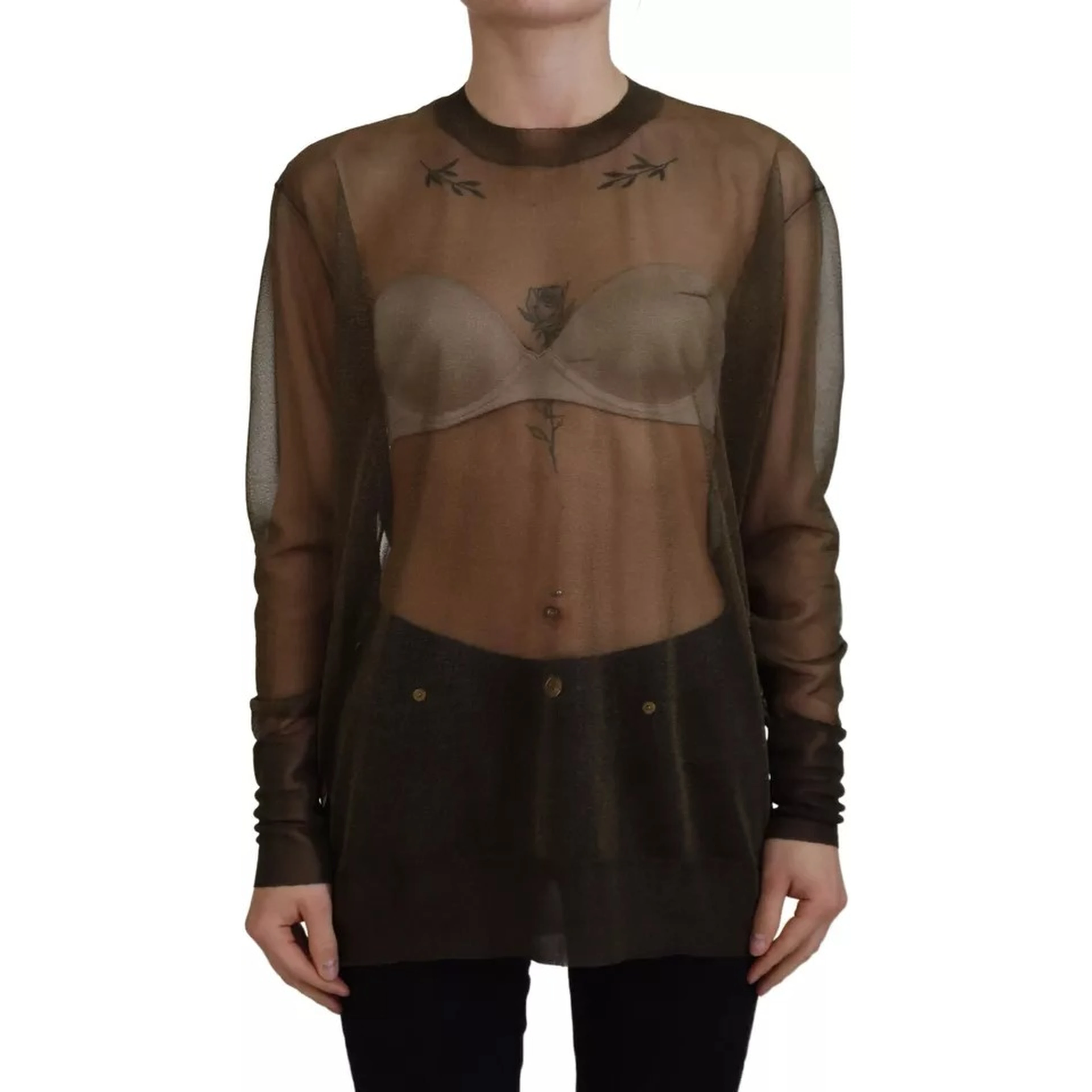 Black Transparent Crewneck Long Sleeves Top