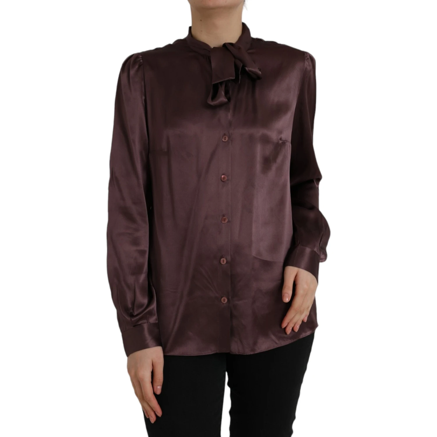 Brown Ascot Collar Long Sleeve Top Blouse