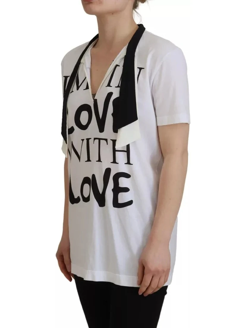 White Cotton Printed Ascot Collared T-shirt