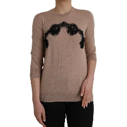 Brown Wool Black Lace 3/4 Sleeve Blouse Top
