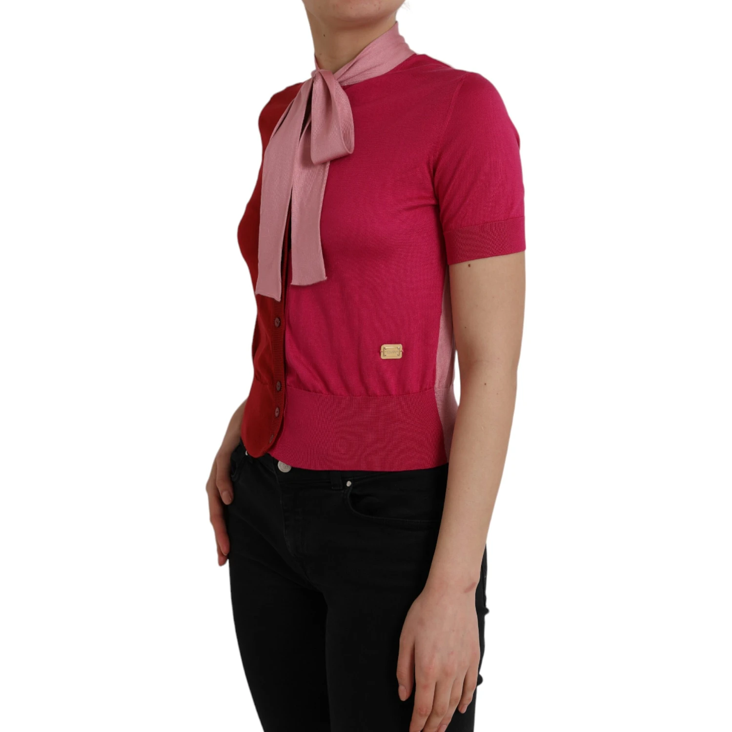Pink Short Sleeves Pullover Ascot Collar Top