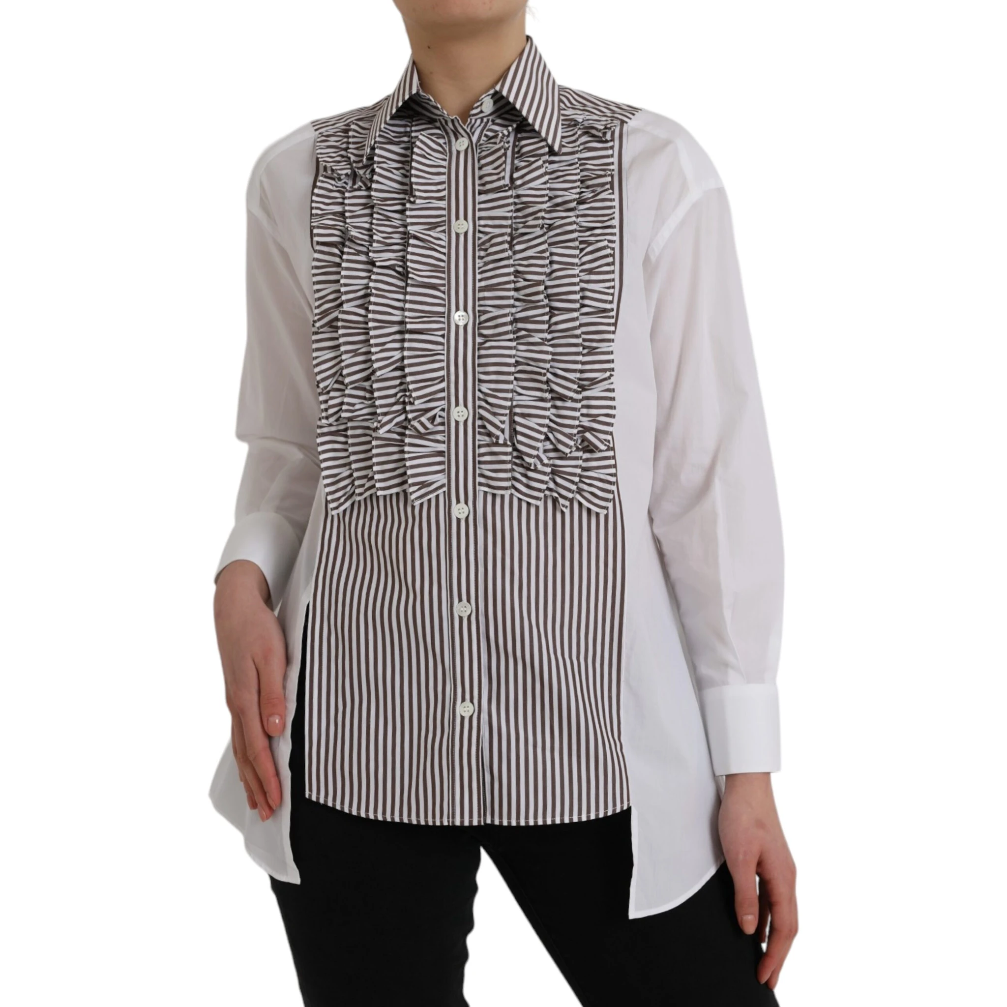 White Stripes Cotton Long Sleeves Ruffle Collar Top