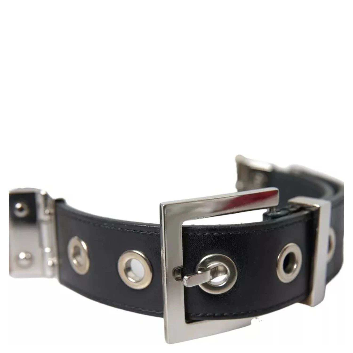 Black Leather Beige Strap Silver Metal Buckle Belt
