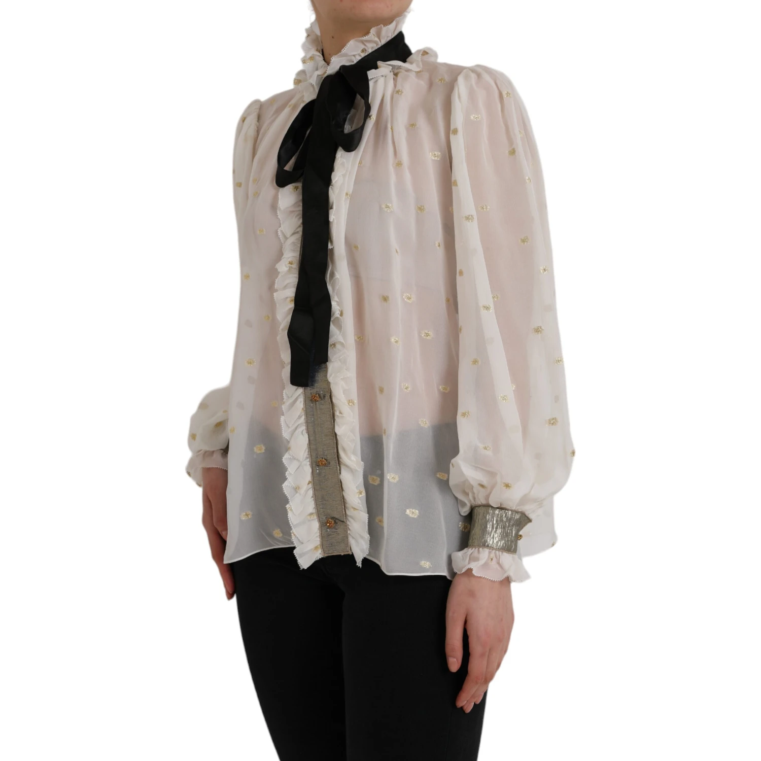 Off White Silk Blend Ascot Collar Blouse Top