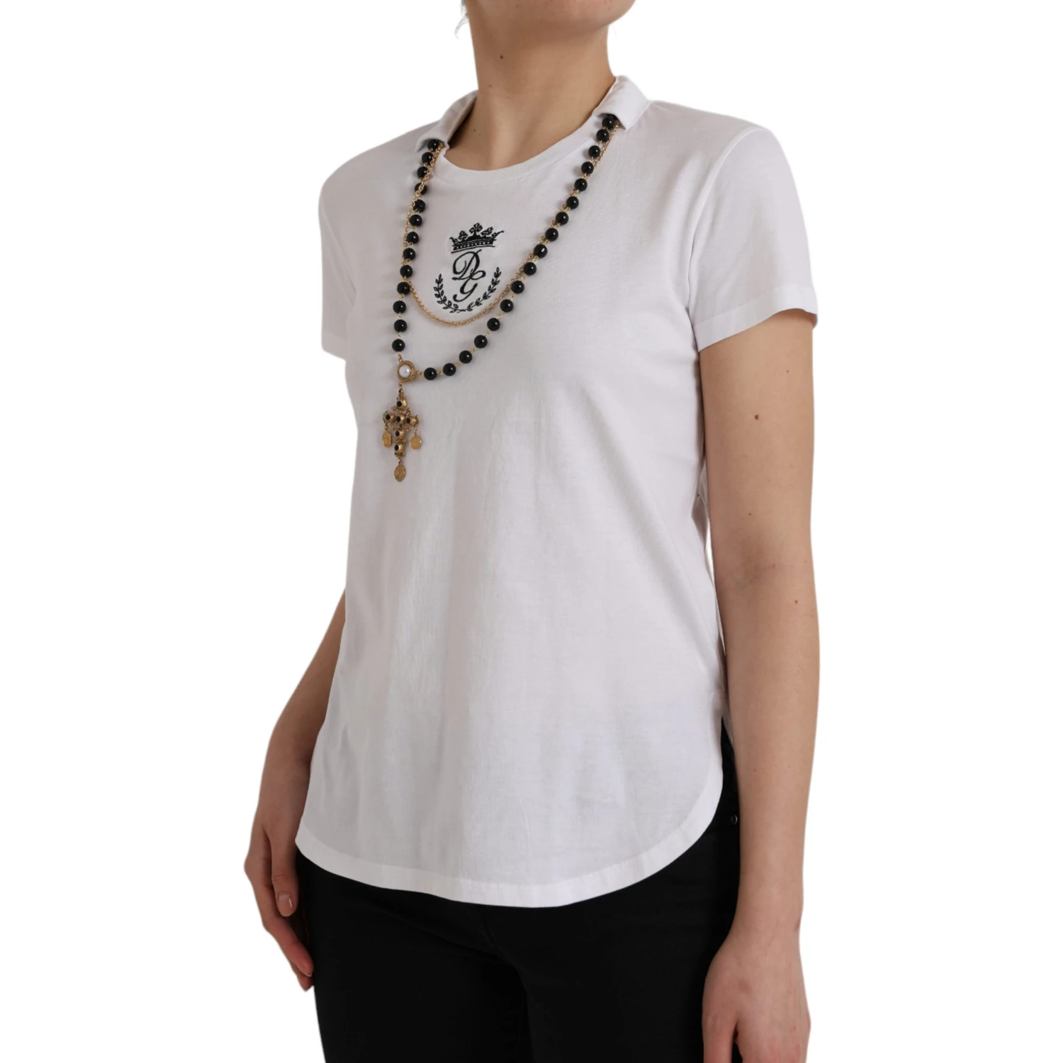 White Cotton Necklace Short Sleeves T-shirt