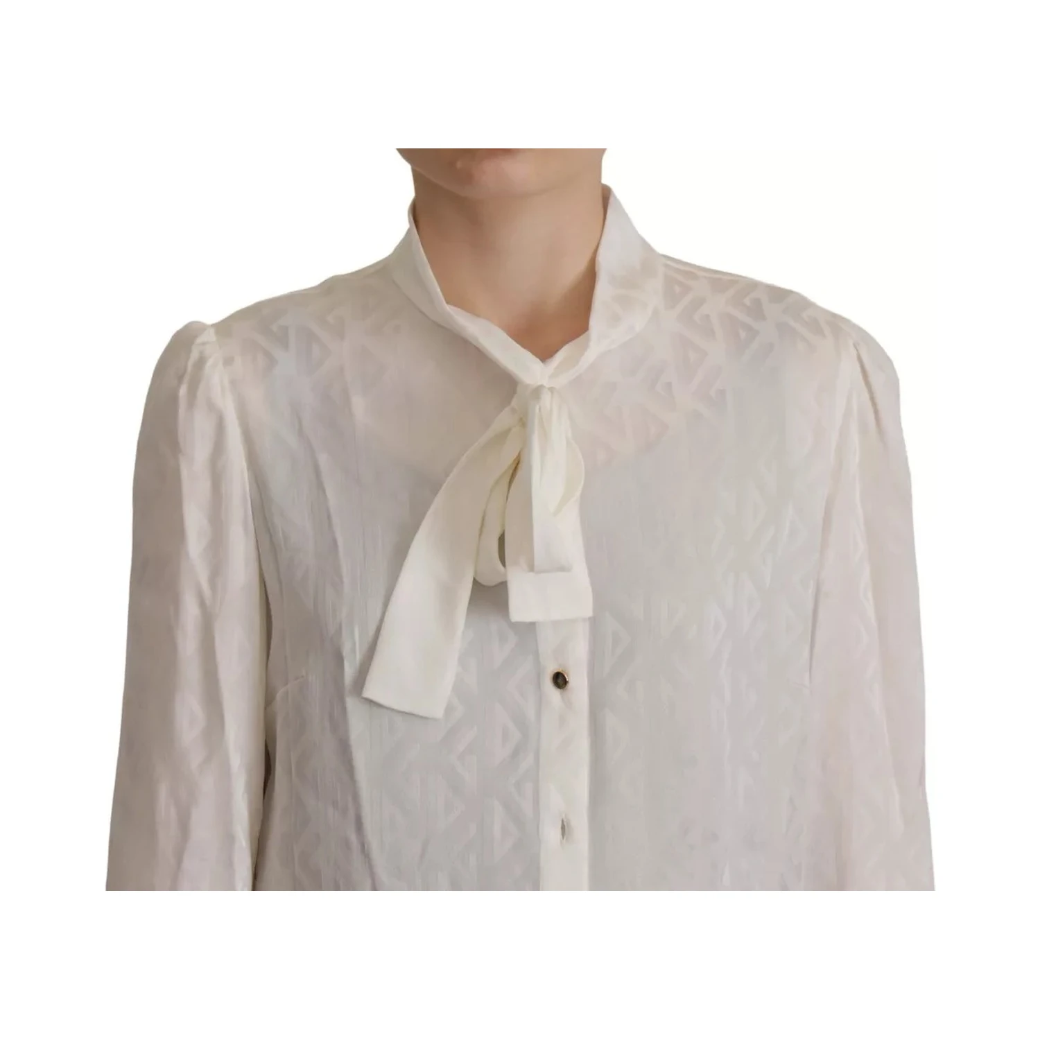 White Patterned Silk Ascot Collar Blouse Top
