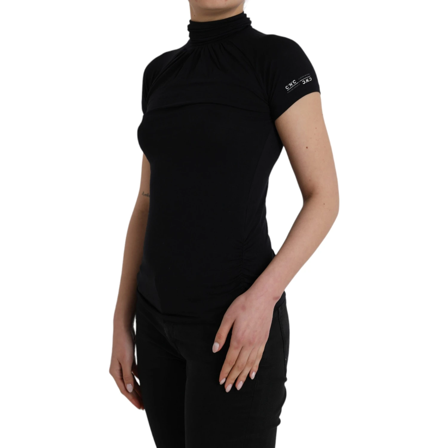 Black Turtleneck Viscose Short Sleeve Top