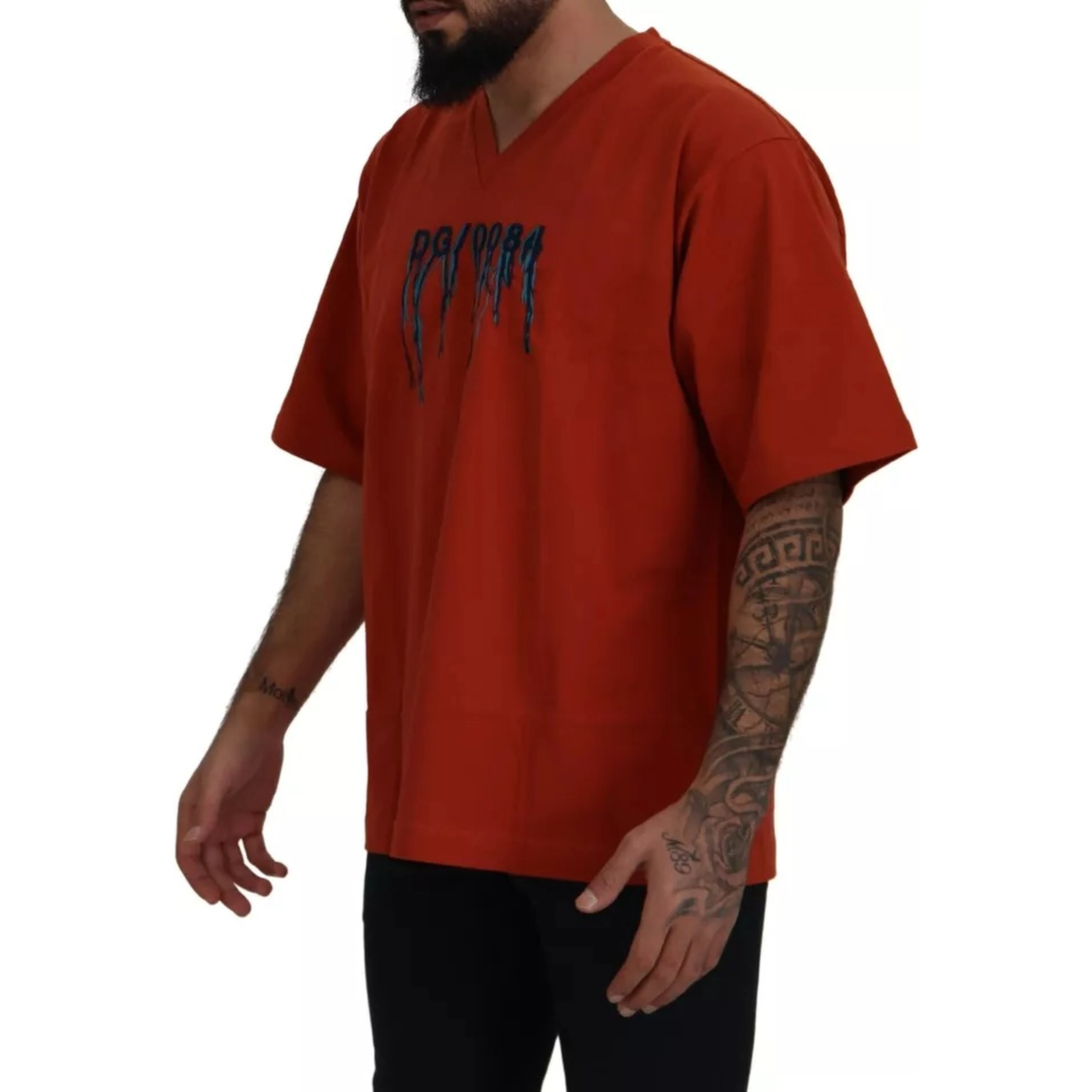 Red Logo Embroidery Crewneck Cotton T-shirt