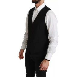 Black Stretch Waistcoat Formal Dress Wool Vest