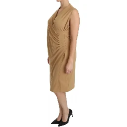 Brown V-neck Shift Knee Length Viscose Dress