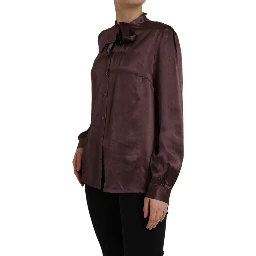 Brown Ascot Collar Long Sleeve Top Blouse