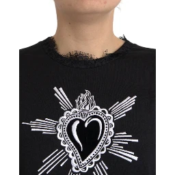 Black Sacred Heart Print Cotton Lace T-shirt