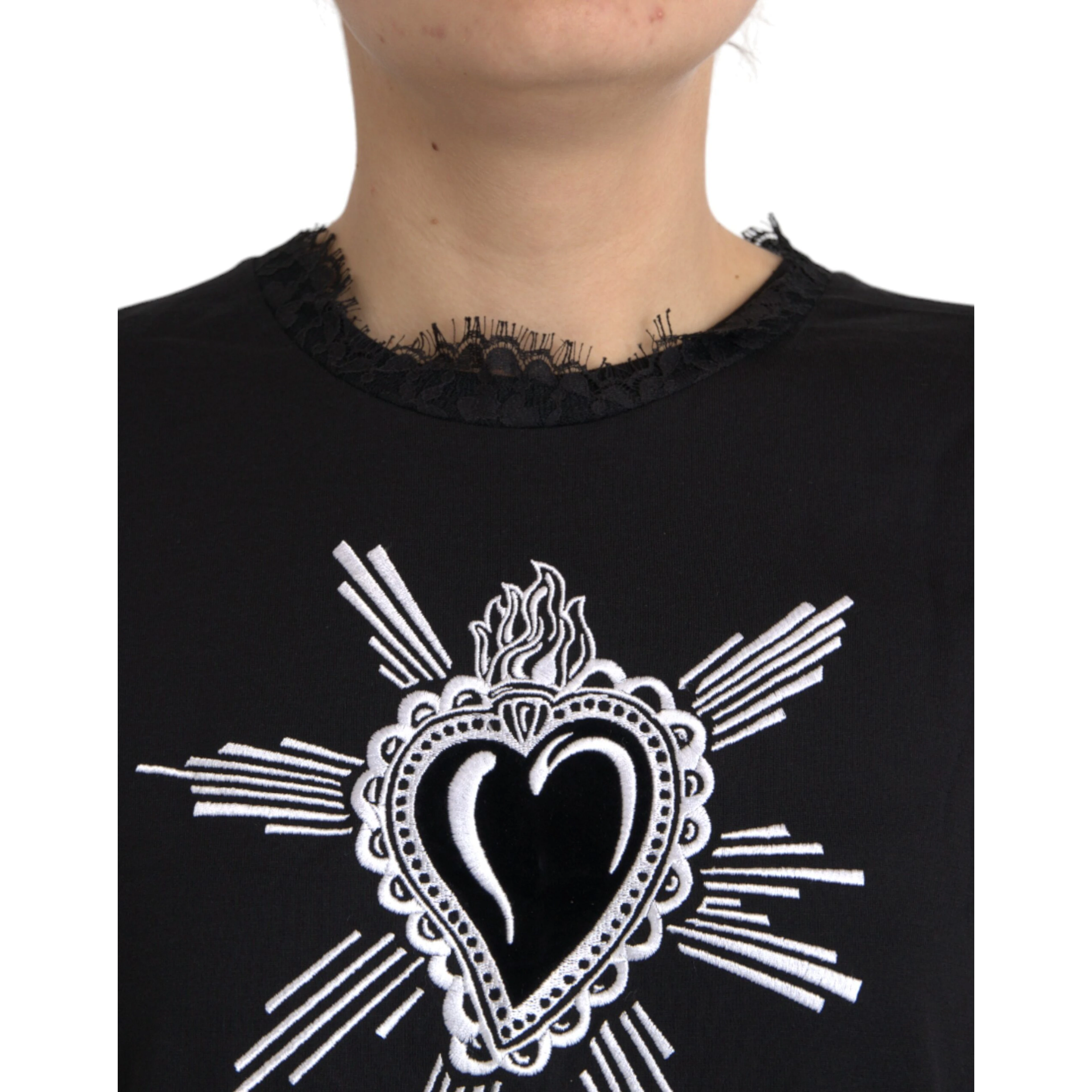 Black Sacred Heart Print Cotton Lace T-shirt
